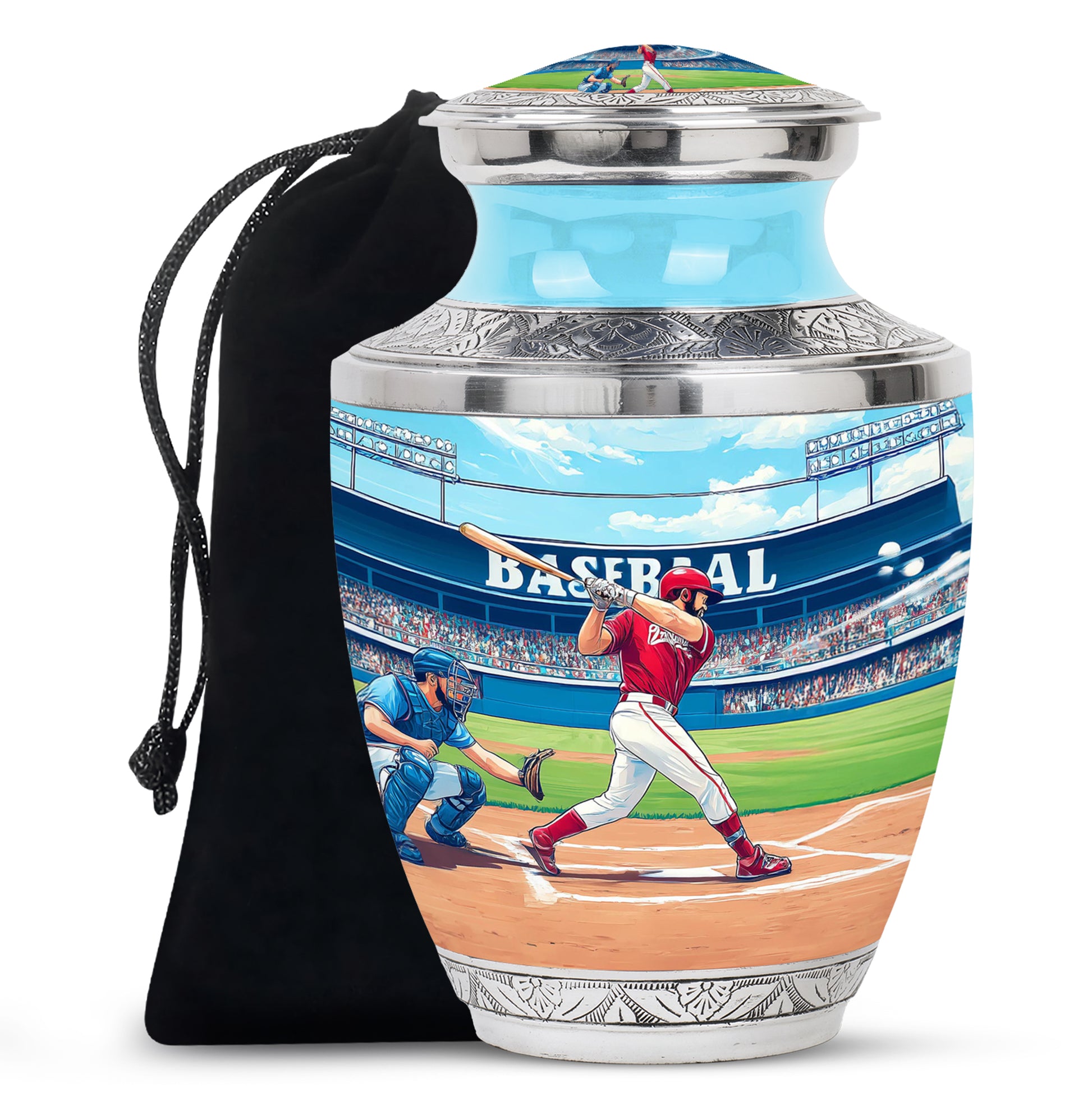 Sea Green Teal Baseball Cremation Urn side profile showing urn shape - contemporary baseball design with modern artistic flair - full-size 10 inch 200 cubic inch adult cremation urn