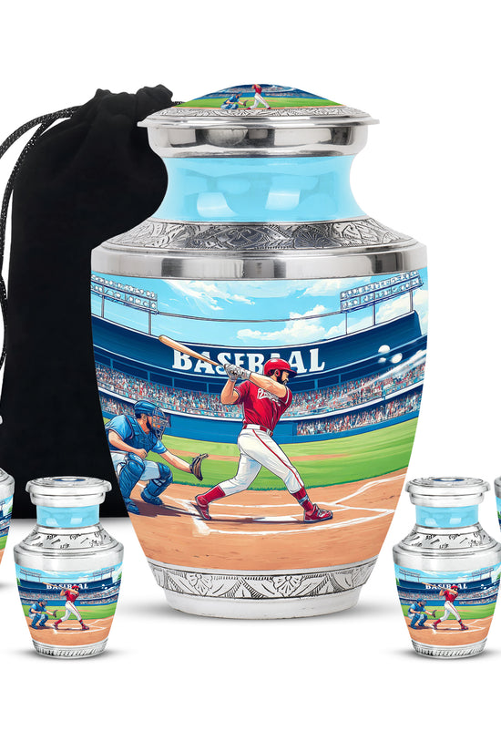 Jewel Teal Baseball Cremation Urn lifestyle display on memorial shelf - modern art-inspired baseball motif on sleek aluminum - memorial set with one large and four small urns