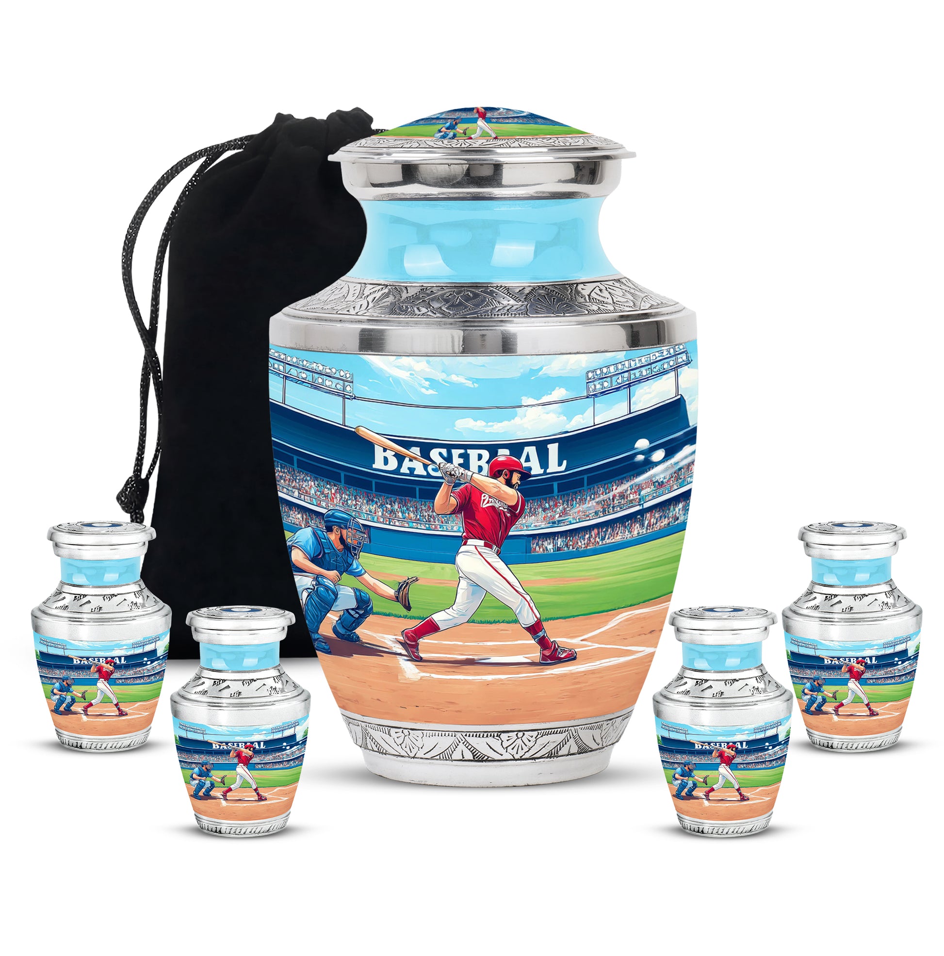 Jewel Teal Baseball Cremation Urn lifestyle display on memorial shelf - modern art-inspired baseball motif on sleek aluminum - memorial set with one large and four small urns