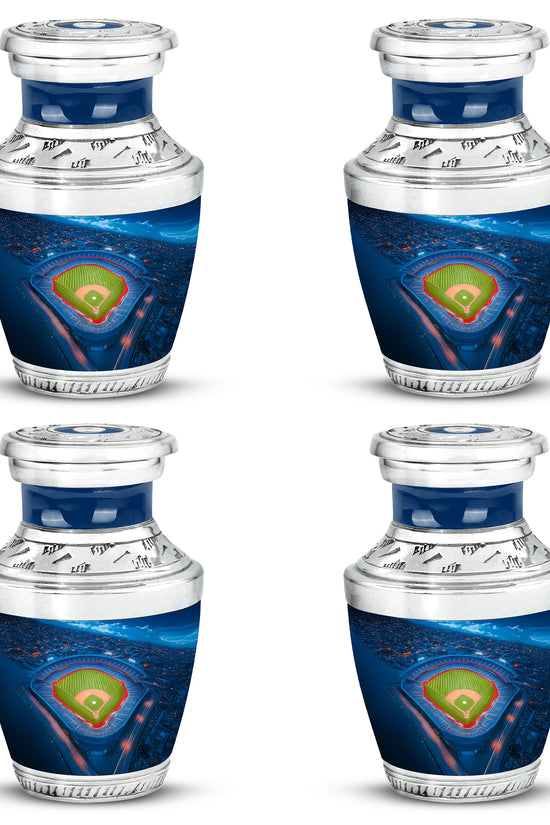 Icy Blue Baseball Cremation Urn back view with polished surface - contemporary baseball design with modern artistic flair - 10 inch aluminum urn for cremated remains