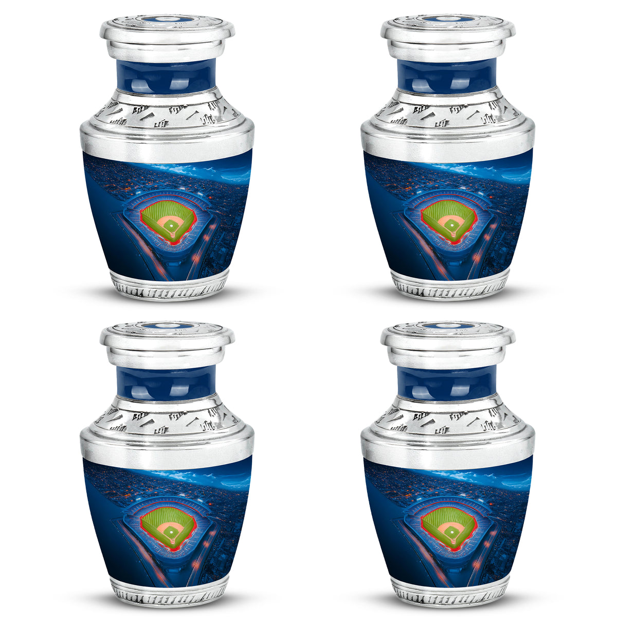 Icy Blue Baseball Cremation Urn back view with polished surface - contemporary baseball design with modern artistic flair - 10 inch aluminum urn for cremated remains