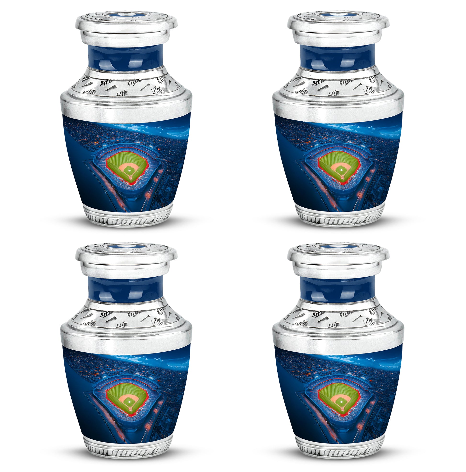 Icy Blue Baseball Cremation Urn back view with polished surface - contemporary baseball design with modern artistic flair - 10 inch aluminum urn for cremated remains