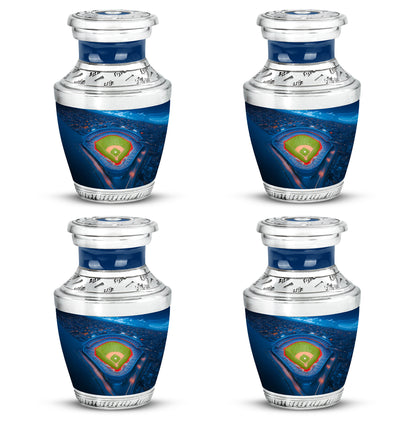 Icy Blue Baseball Cremation Urn back view with polished surface - contemporary baseball design with modern artistic flair - 10 inch aluminum urn for cremated remains