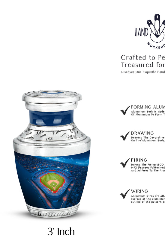 Cobalt Blue Baseball Cremation Urn top-down view of secure threaded lid - stylized abstract baseball pattern with bold lines - mini keepsake memorial for portion of cremation ashes
