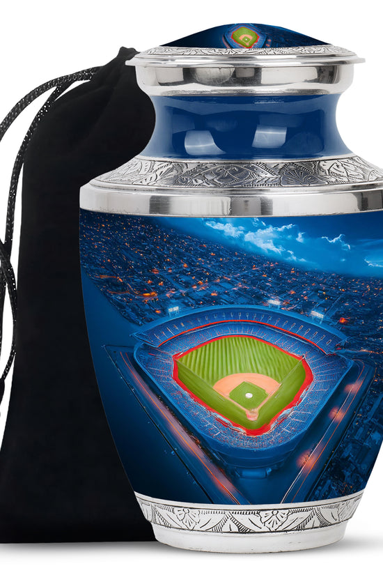 Dusty Blue Baseball Cremation Urn side profile showing urn shape - contemporary baseball design with modern artistic flair - full-size 10 inch 200 cubic inch adult cremation urn