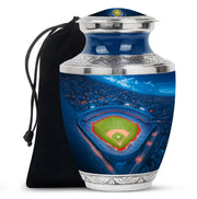 Dusty Blue Baseball Cremation Urn side profile showing urn shape - contemporary baseball design with modern artistic flair - full-size 10 inch 200 cubic inch adult cremation urn