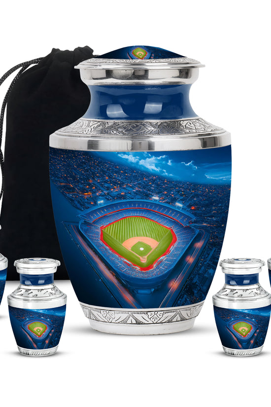 Powder Blue Baseball Cremation Urn lifestyle display on memorial shelf - modern art-inspired baseball motif on sleek aluminum - memorial set with one large and four small urns