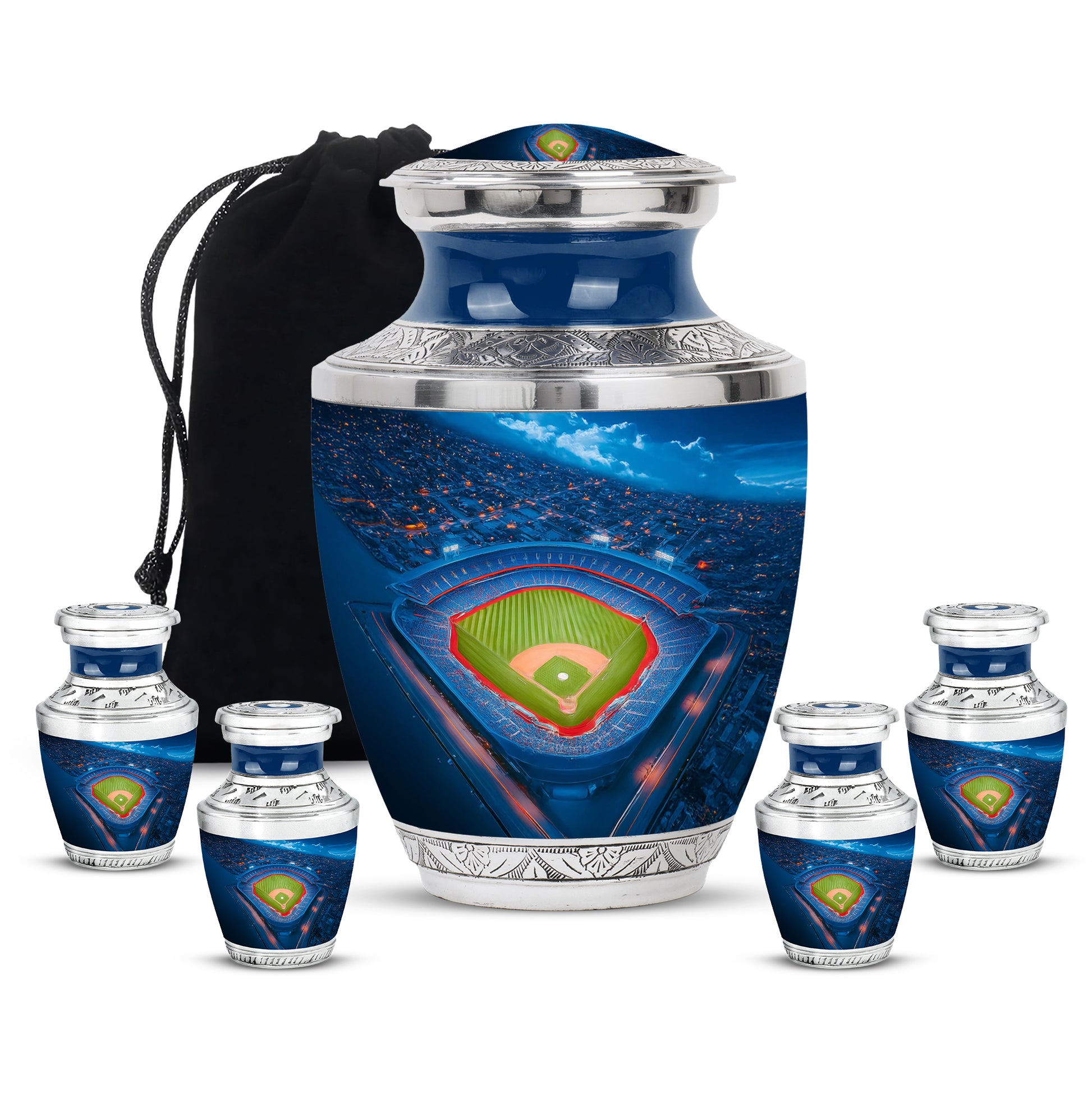 Powder Blue Baseball Cremation Urn lifestyle display on memorial shelf - modern art-inspired baseball motif on sleek aluminum - memorial set with one large and four small urns