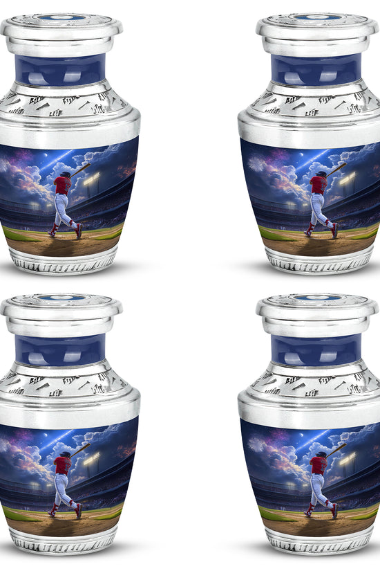 Pastel Blue Baseball Cremation Urn back view with polished surface - contemporary baseball design with modern artistic flair - 10 inch aluminum urn for cremated remains