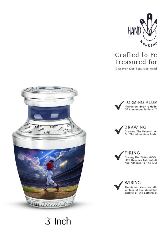 Serene Blue Baseball Cremation Urn top-down view of secure threaded lid - artistic baseball interpretation with creative detail - mini keepsake memorial for portion of cremation ashes