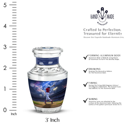 Serene Blue Baseball Cremation Urn top-down view of secure threaded lid - artistic baseball interpretation with creative detail - mini keepsake memorial for portion of cremation ashes