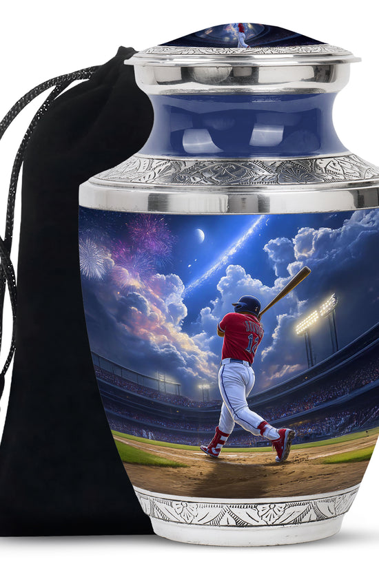 Dusty Blue Baseball Cremation Urn side profile showing urn shape - modern art-inspired baseball motif on sleek aluminum - full-size 10 inch 200 cubic inch adult cremation urn