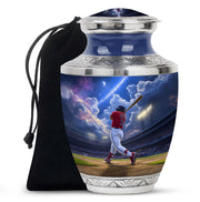 Dusty Blue Baseball Cremation Urn side profile showing urn shape - modern art-inspired baseball motif on sleek aluminum - full-size 10 inch 200 cubic inch adult cremation urn