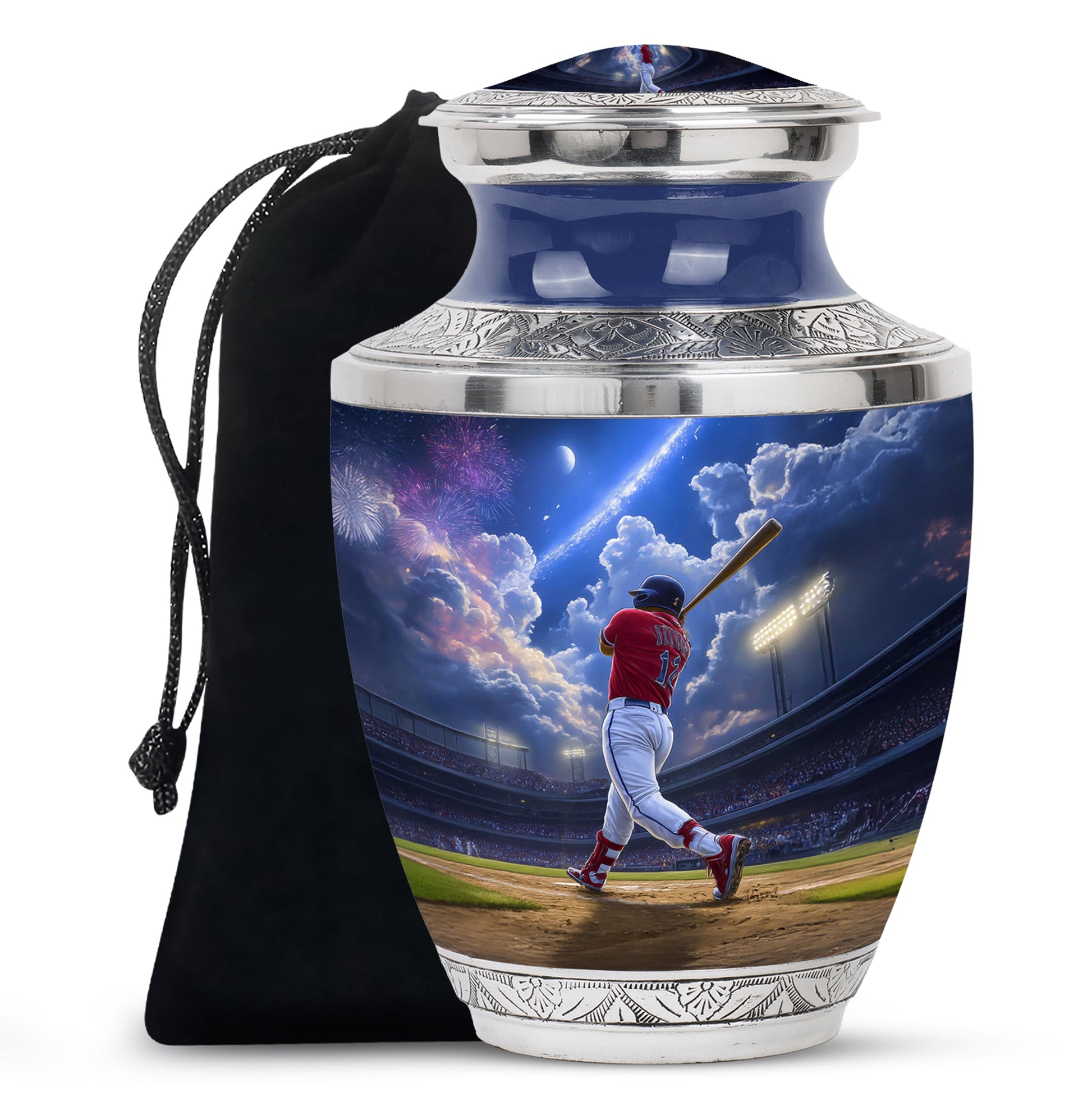 Dusty Blue Baseball Cremation Urn side profile showing urn shape - modern art-inspired baseball motif on sleek aluminum - full-size 10 inch 200 cubic inch adult cremation urn