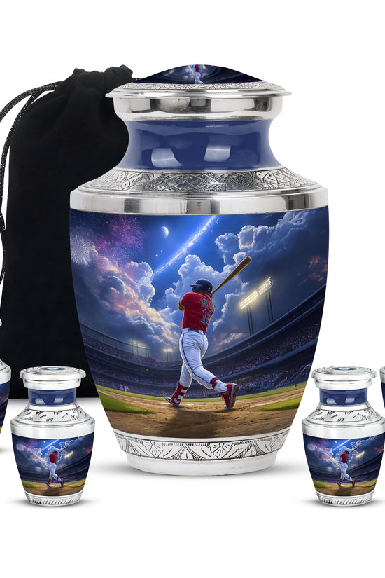 Calming Blue Baseball Cremation Urn lifestyle display on memorial shelf - stylized abstract baseball pattern with bold lines - memorial set with one large and four small urns