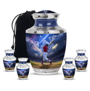 Calming Blue Baseball Cremation Urn lifestyle display on memorial shelf - stylized abstract baseball pattern with bold lines - memorial set with one large and four small urns