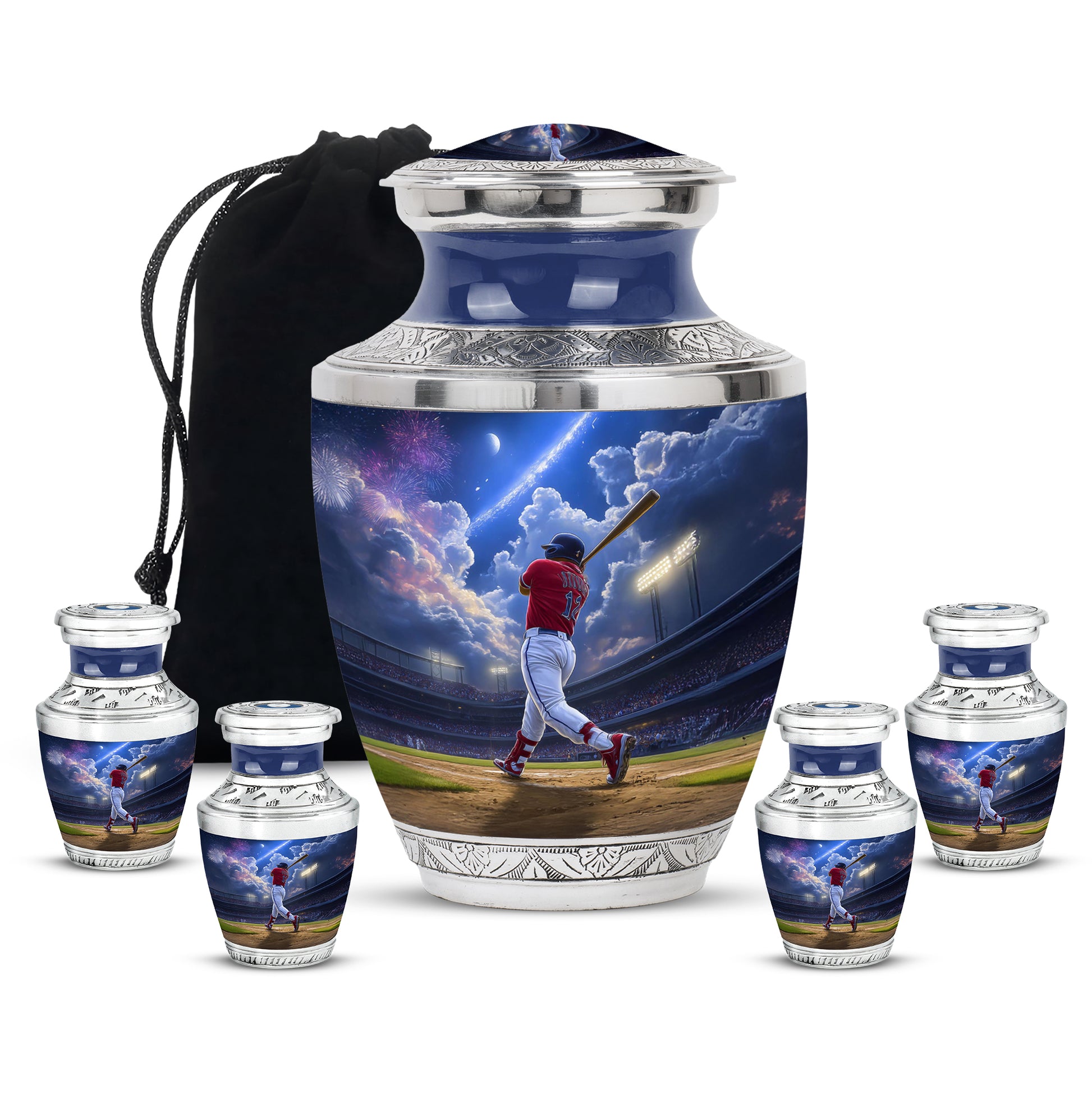 Calming Blue Baseball Cremation Urn lifestyle display on memorial shelf - stylized abstract baseball pattern with bold lines - memorial set with one large and four small urns