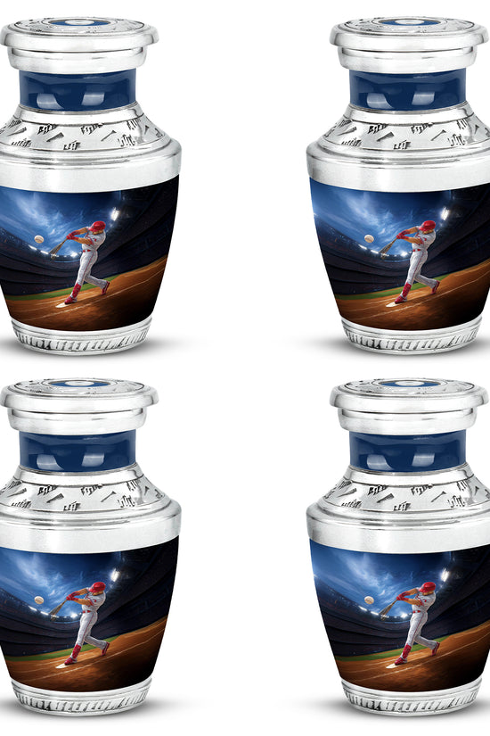 Celestial Blue Baseball Cremation Urn back view with polished surface - modern art-inspired baseball motif on sleek aluminum - 10 inch aluminum urn for cremated remains