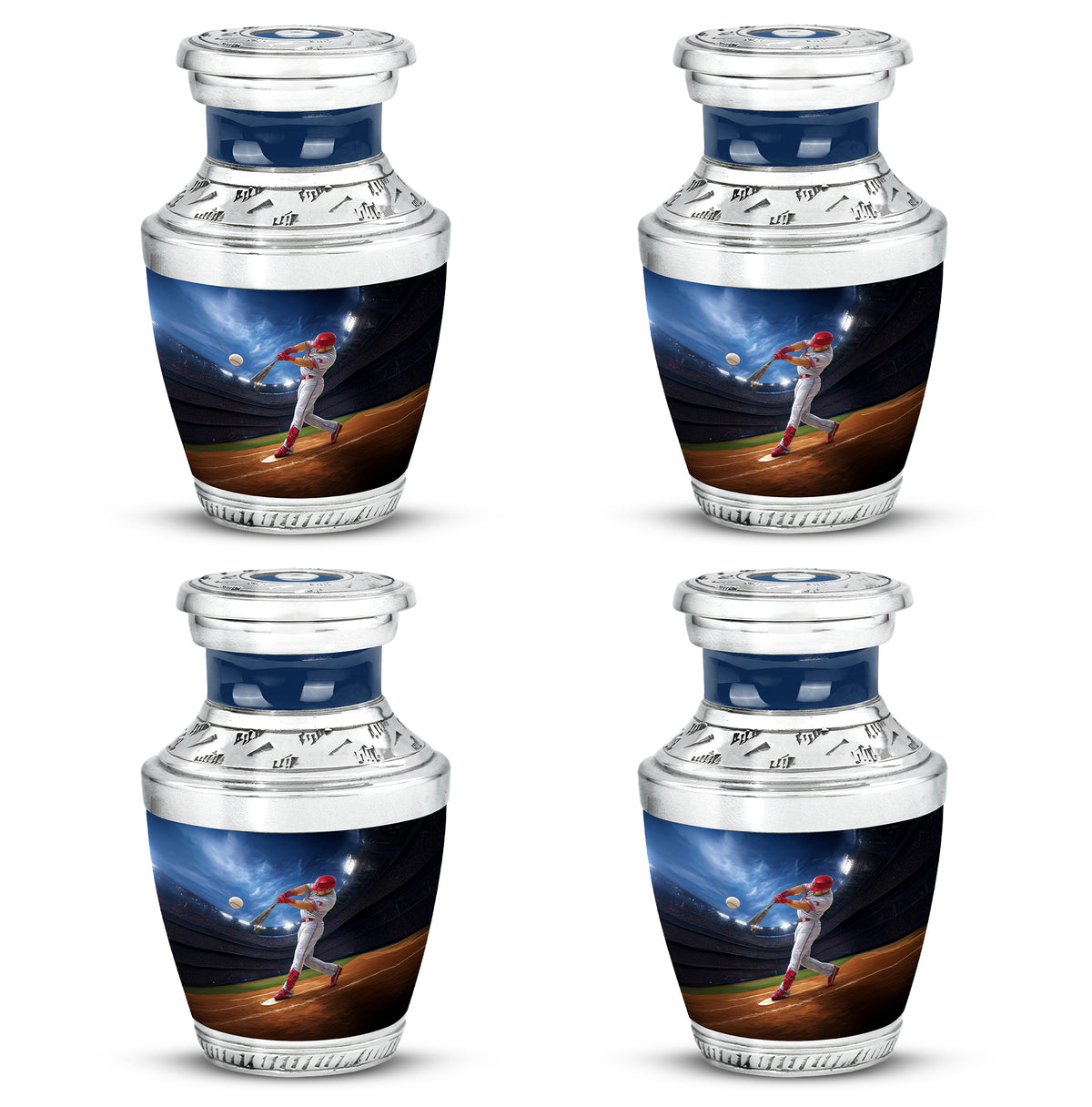 Celestial Blue Baseball Cremation Urn back view with polished surface - modern art-inspired baseball motif on sleek aluminum - 10 inch aluminum urn for cremated remains