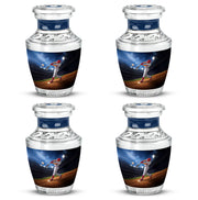 Celestial Blue Baseball Cremation Urn back view with polished surface - modern art-inspired baseball motif on sleek aluminum - 10 inch aluminum urn for cremated remains