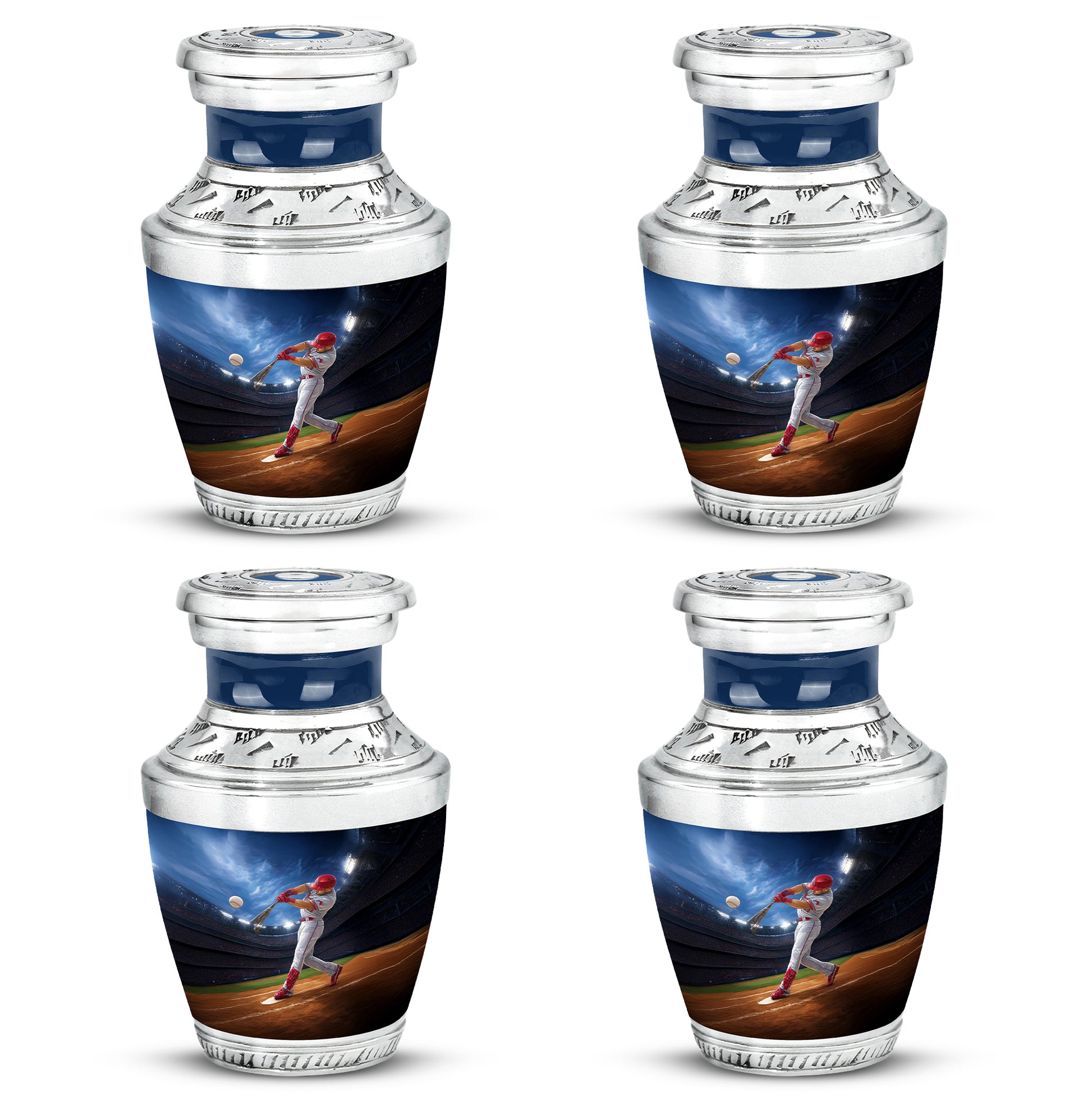 Celestial Blue Baseball Cremation Urn back view with polished surface - modern art-inspired baseball motif on sleek aluminum - 10 inch aluminum urn for cremated remains