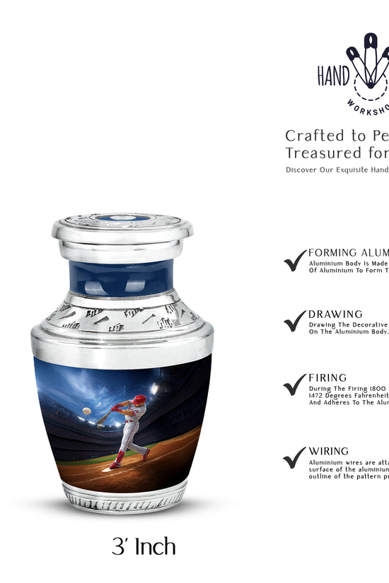 Twilight Blue Baseball Cremation Urn top-down view of secure threaded lid - artistic baseball interpretation with creative detail - mini keepsake memorial for portion of cremation ashes