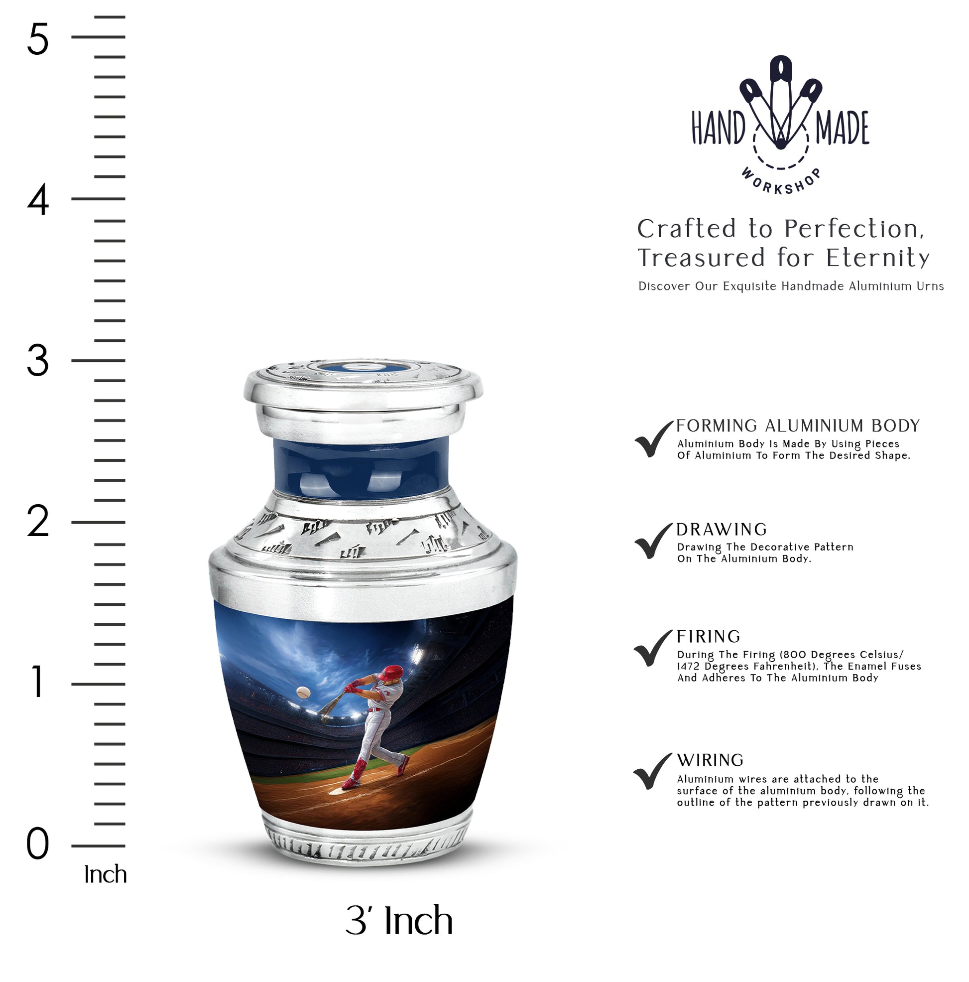 Twilight Blue Baseball Cremation Urn top-down view of secure threaded lid - artistic baseball interpretation with creative detail - mini keepsake memorial for portion of cremation ashes