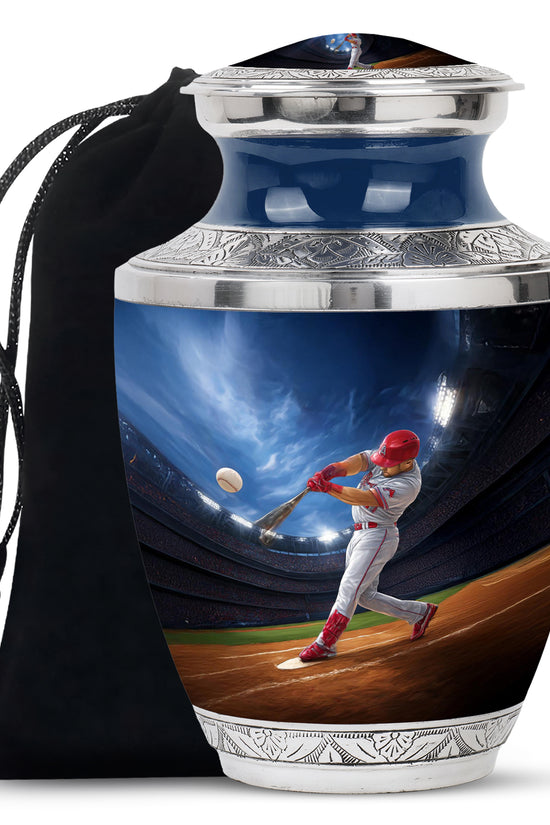 Pastel Blue Baseball Cremation Urn side profile showing urn shape - modern art-inspired baseball motif on sleek aluminum - full-size 10 inch 200 cubic inch adult cremation urn