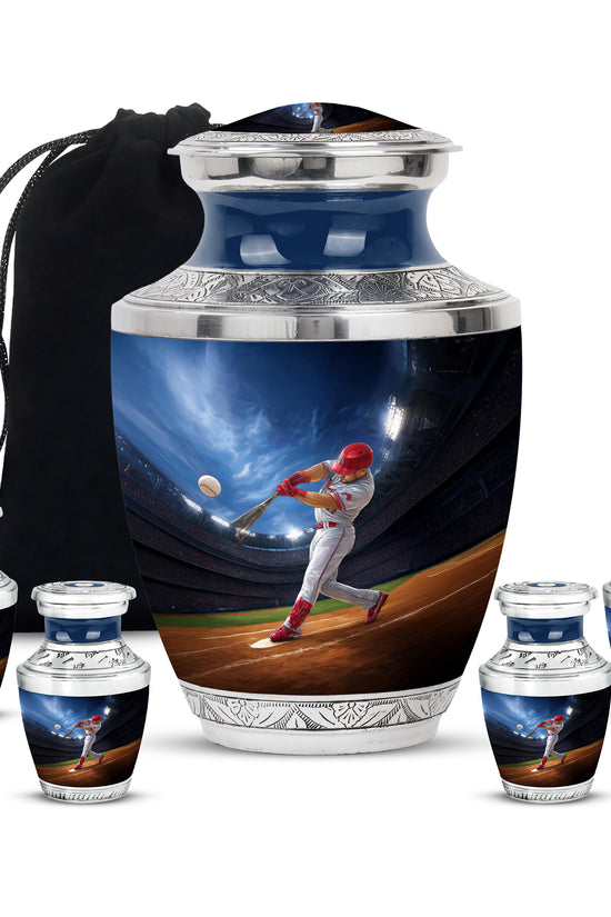 Calming Blue Baseball Cremation Urn lifestyle display on memorial shelf - artistic baseball interpretation with creative detail - memorial set with one large and four small urns