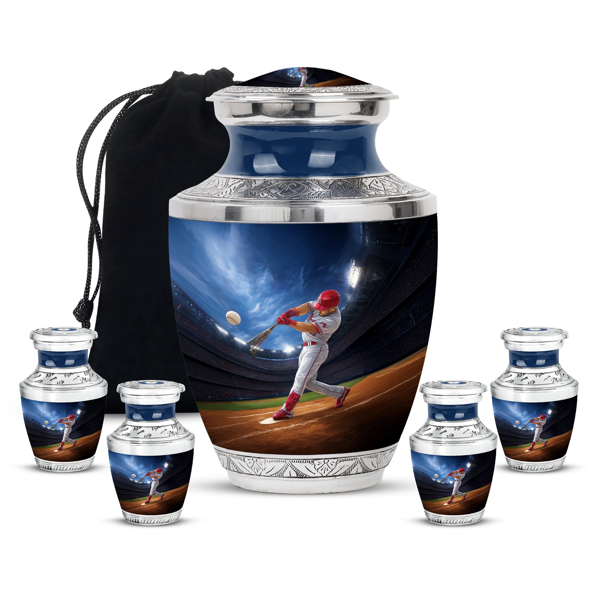 Calming Blue Baseball Cremation Urn lifestyle display on memorial shelf - artistic baseball interpretation with creative detail - memorial set with one large and four small urns