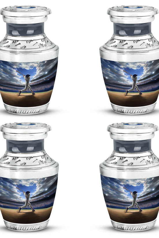 Pastel Blue Baseball Cremation Urn back view with polished surface - contemporary baseball design with modern artistic flair - 10 inch aluminum urn for cremated remains