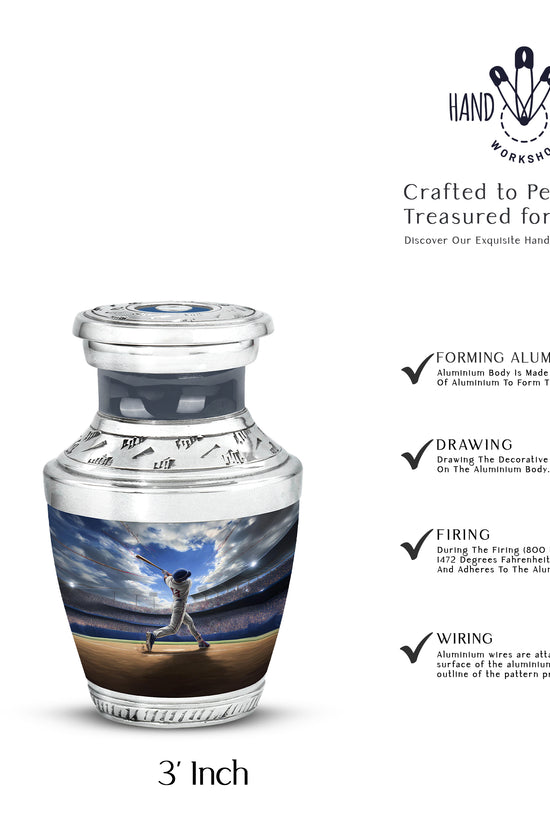 Bright Blue Baseball Cremation Urn top-down view of secure threaded lid - stylized abstract baseball pattern with bold lines - mini keepsake memorial for portion of cremation ashes
