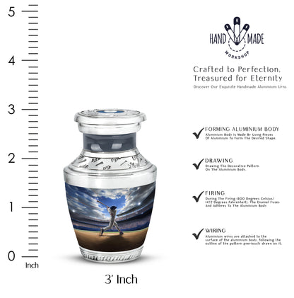 Bright Blue Baseball Cremation Urn top-down view of secure threaded lid - stylized abstract baseball pattern with bold lines - mini keepsake memorial for portion of cremation ashes