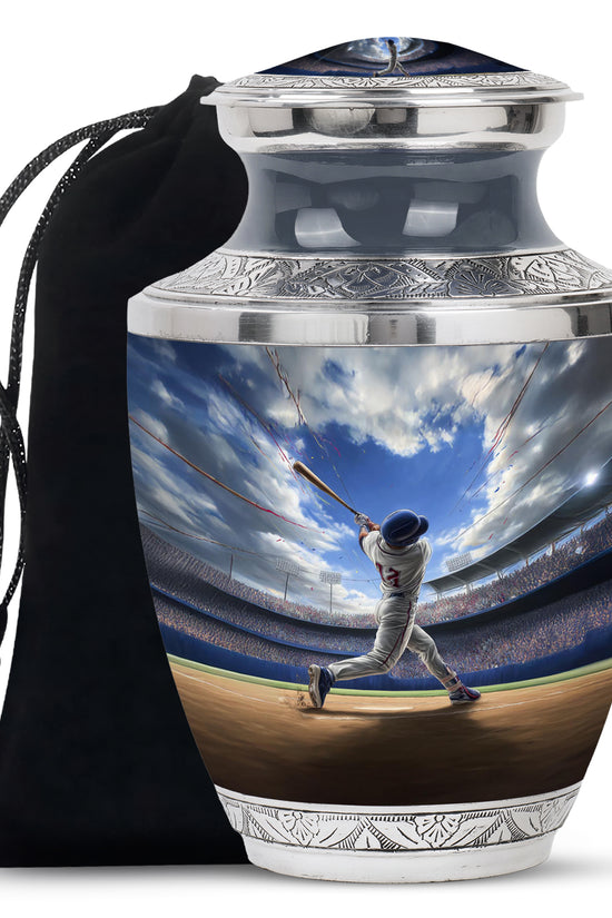 Icy Blue Baseball Cremation Urn side profile showing urn shape - modern art-inspired baseball motif on sleek aluminum - full-size 10 inch 200 cubic inch adult cremation urn