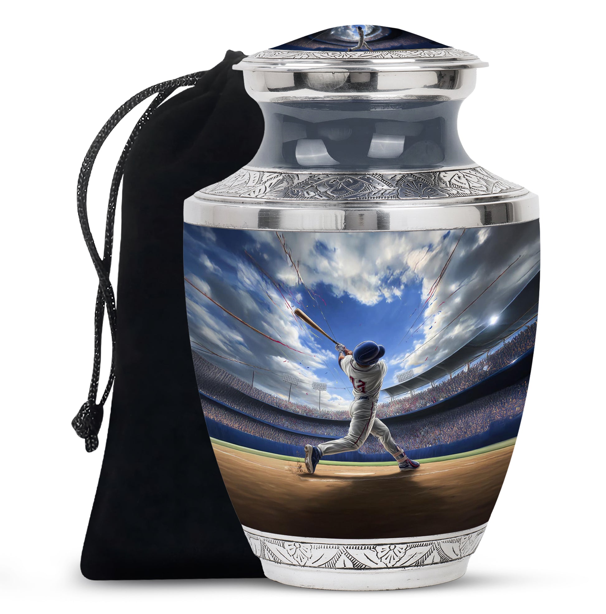 Icy Blue Baseball Cremation Urn side profile showing urn shape - modern art-inspired baseball motif on sleek aluminum - full-size 10 inch 200 cubic inch adult cremation urn