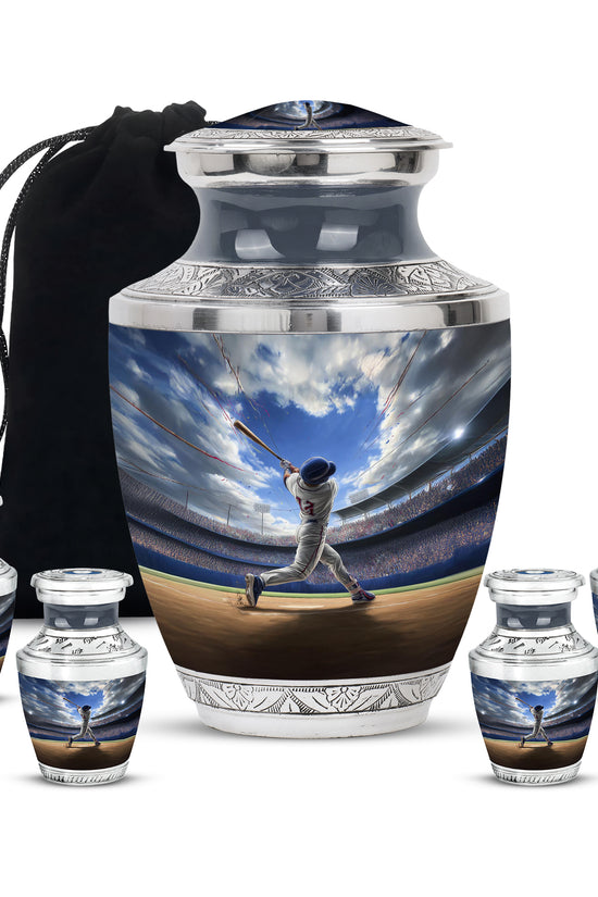 Dusty Blue Baseball Cremation Urn lifestyle display on memorial shelf - contemporary baseball design with modern artistic flair - memorial set with one large and four small urns