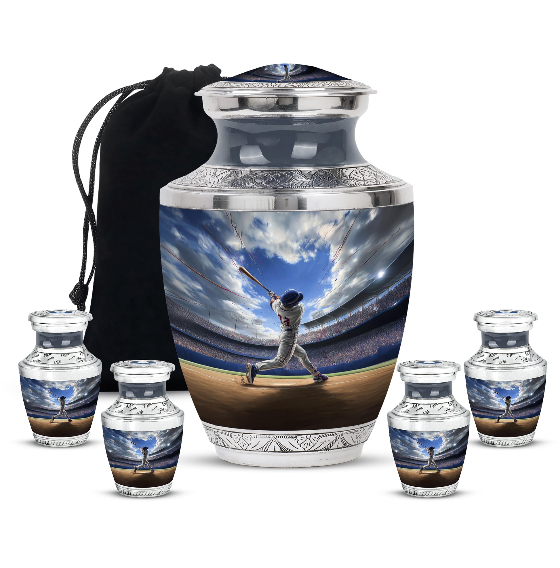 Dusty Blue Baseball Cremation Urn lifestyle display on memorial shelf - contemporary baseball design with modern artistic flair - memorial set with one large and four small urns