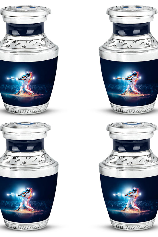 Steel Blue Baseball Cremation Urn back view with polished surface - stylized abstract baseball pattern with bold lines - 10 inch aluminum urn for cremated remains