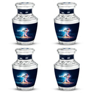 Steel Blue Baseball Cremation Urn back view with polished surface - stylized abstract baseball pattern with bold lines - 10 inch aluminum urn for cremated remains