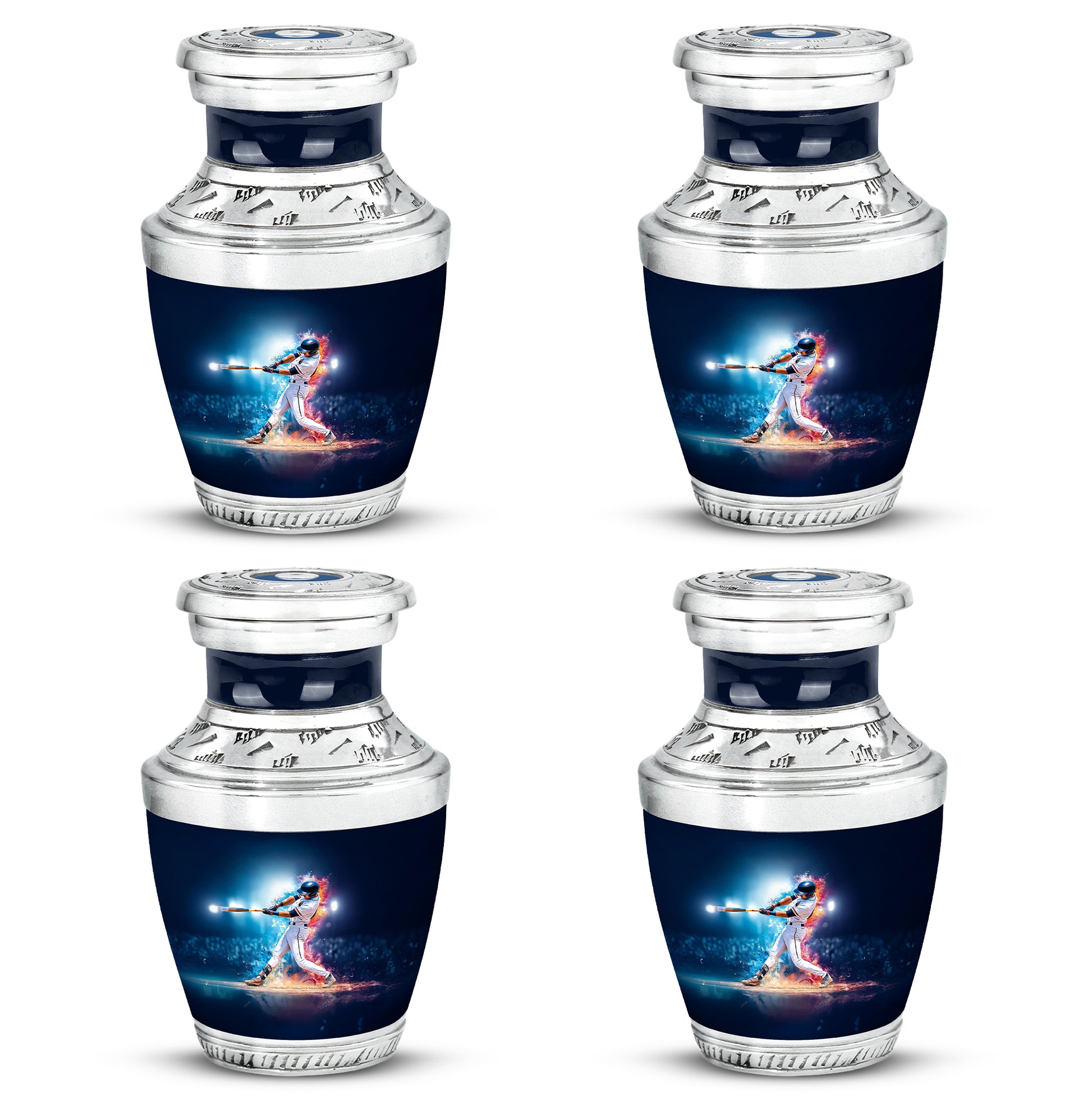 Steel Blue Baseball Cremation Urn back view with polished surface - stylized abstract baseball pattern with bold lines - 10 inch aluminum urn for cremated remains