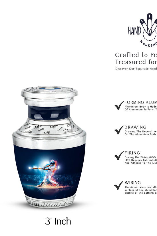 Dusty Blue Baseball Cremation Urn top-down view of secure threaded lid - modern art-inspired baseball motif on sleek aluminum - mini keepsake memorial for portion of cremation ashes