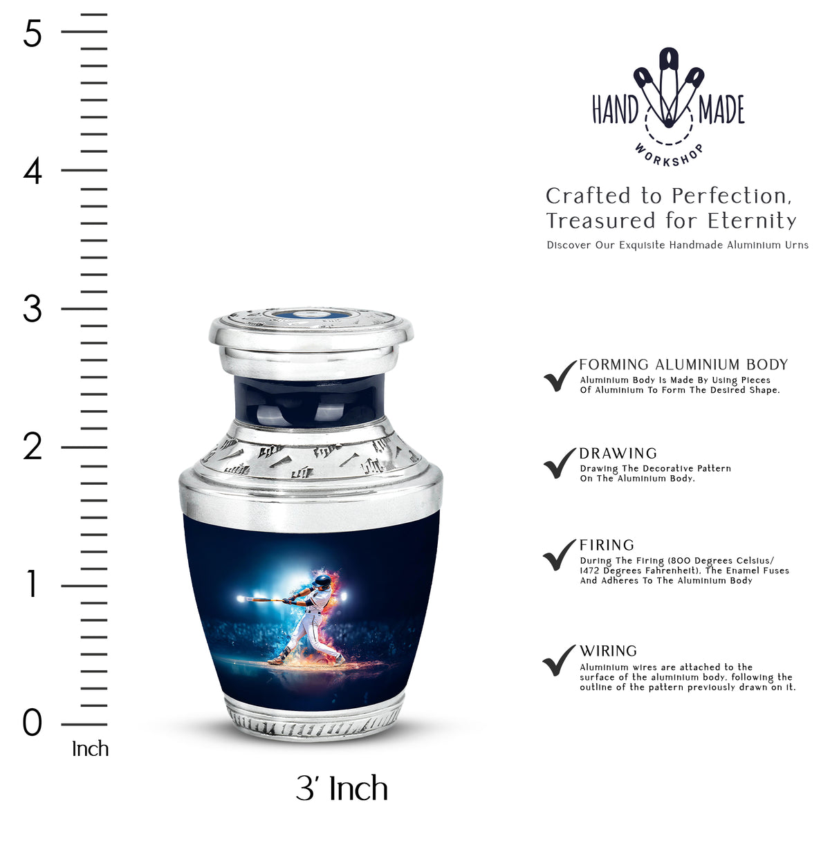 Dusty Blue Baseball Cremation Urn top-down view of secure threaded lid - modern art-inspired baseball motif on sleek aluminum - mini keepsake memorial for portion of cremation ashes
