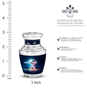 Dusty Blue Baseball Cremation Urn top-down view of secure threaded lid - modern art-inspired baseball motif on sleek aluminum - mini keepsake memorial for portion of cremation ashes