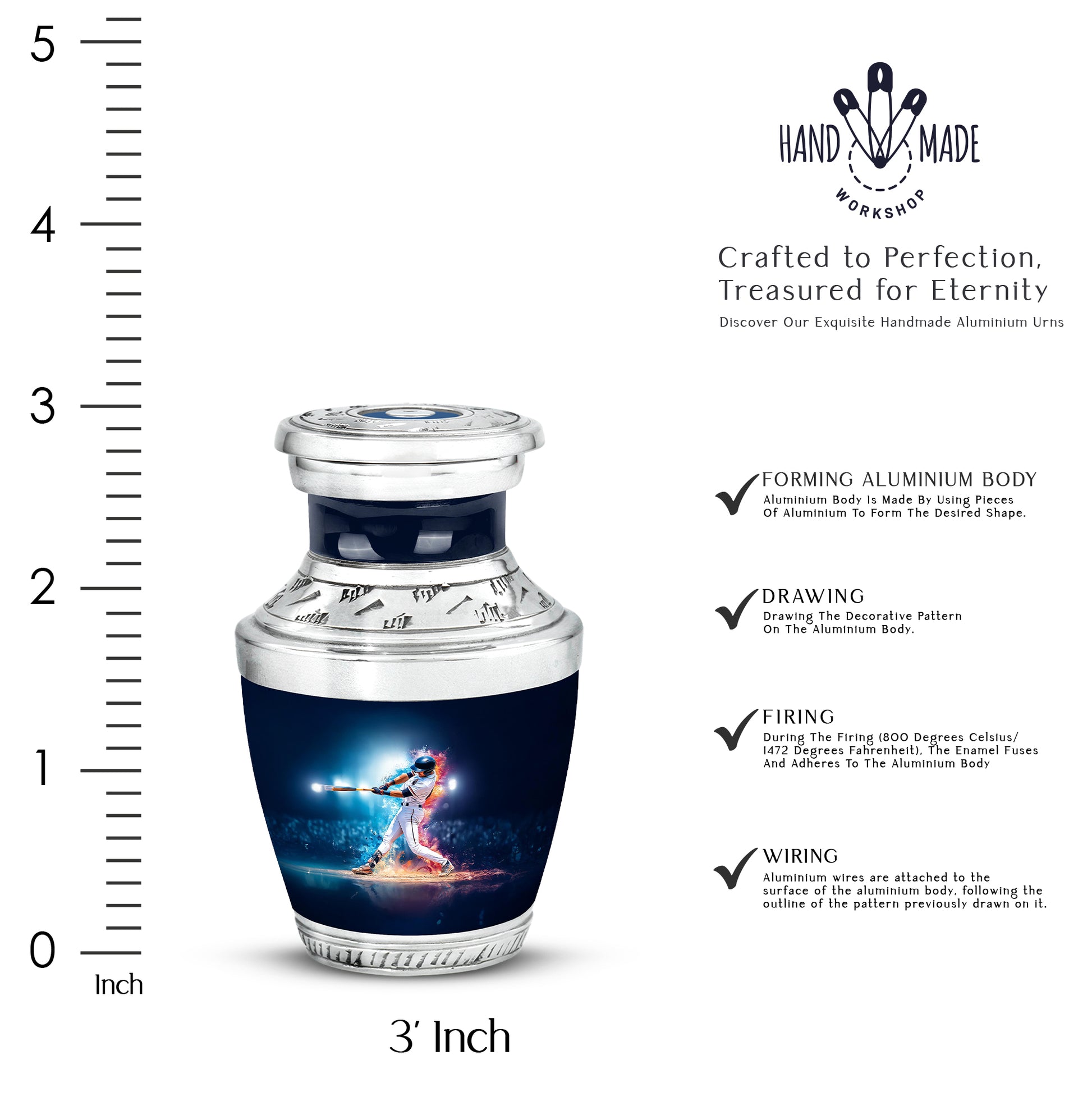 Dusty Blue Baseball Cremation Urn top-down view of secure threaded lid - modern art-inspired baseball motif on sleek aluminum - mini keepsake memorial for portion of cremation ashes