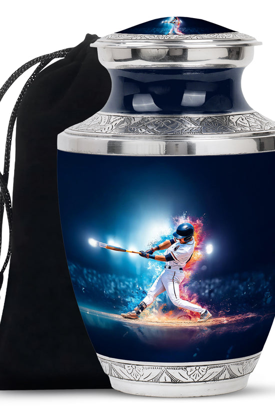 Sky Blue Baseball Cremation Urn side profile showing urn shape - modern art-inspired baseball motif on sleek aluminum - full-size 10 inch 200 cubic inch adult cremation urn