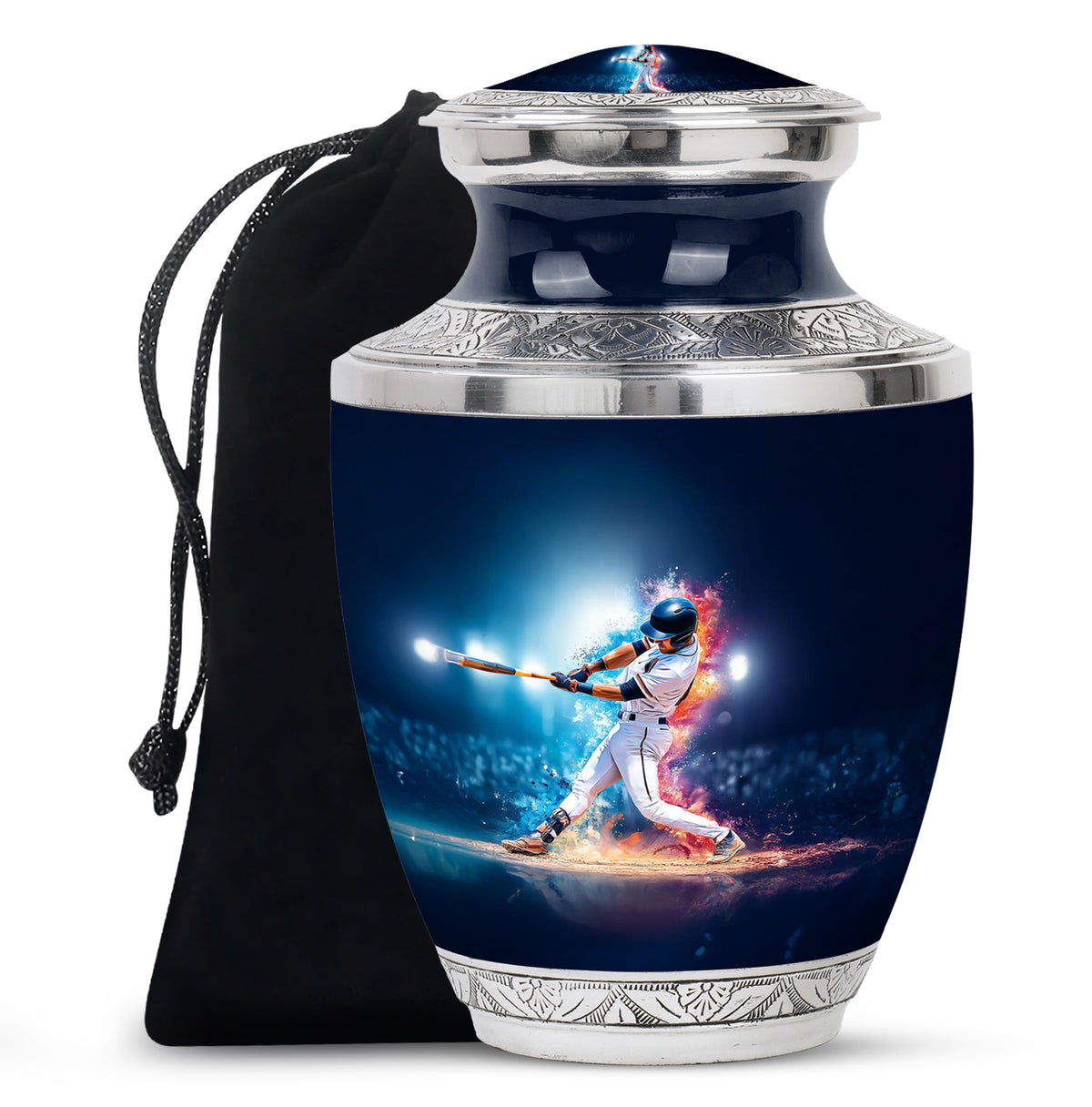 Sky Blue Baseball Cremation Urn side profile showing urn shape - modern art-inspired baseball motif on sleek aluminum - full-size 10 inch 200 cubic inch adult cremation urn
