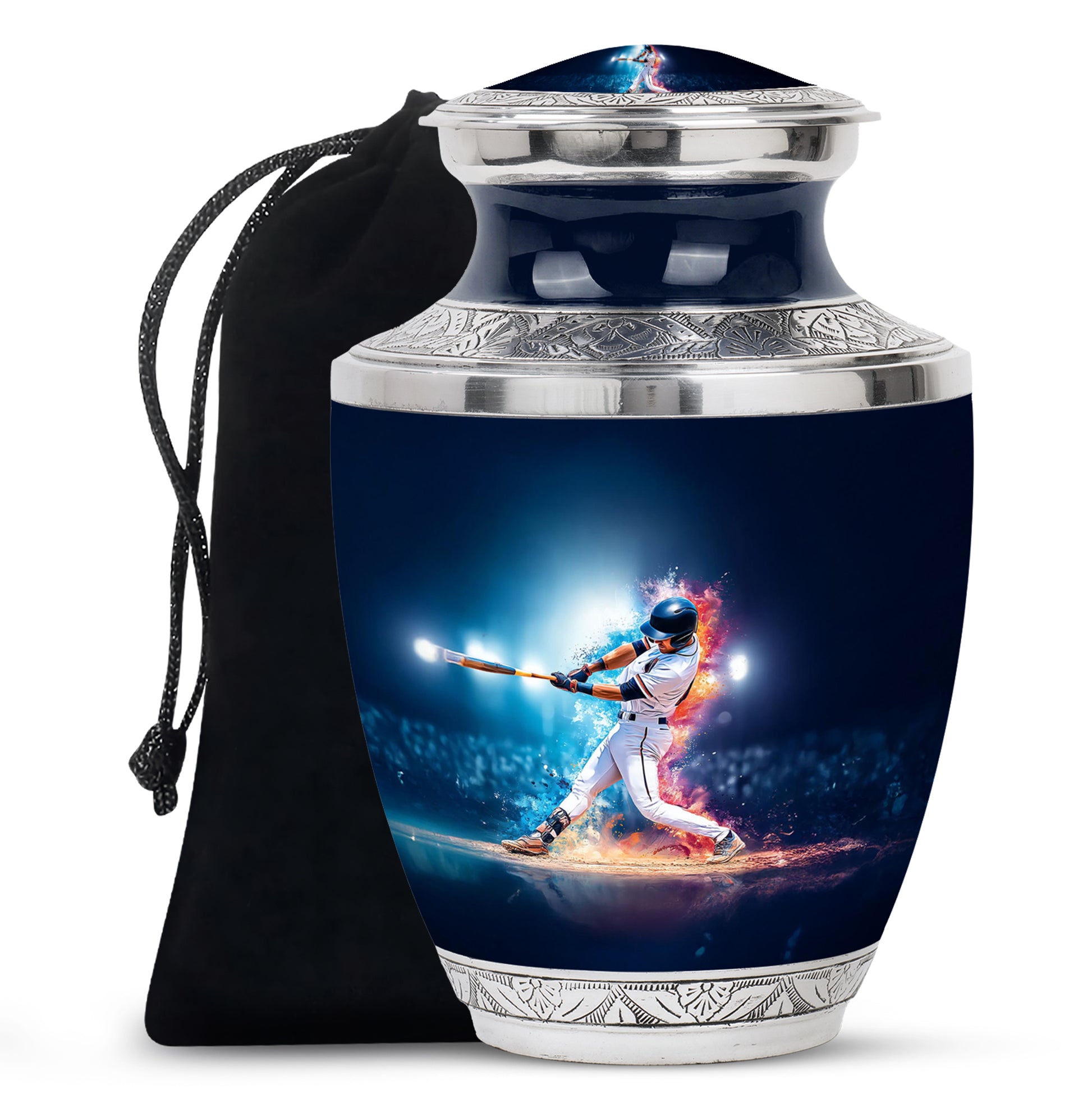 Sky Blue Baseball Cremation Urn side profile showing urn shape - modern art-inspired baseball motif on sleek aluminum - full-size 10 inch 200 cubic inch adult cremation urn