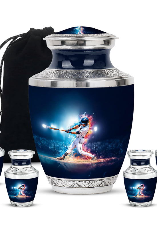 Royal Blue Baseball Cremation Urn lifestyle display on memorial shelf - artistic baseball interpretation with creative detail - memorial set with one large and four small urns