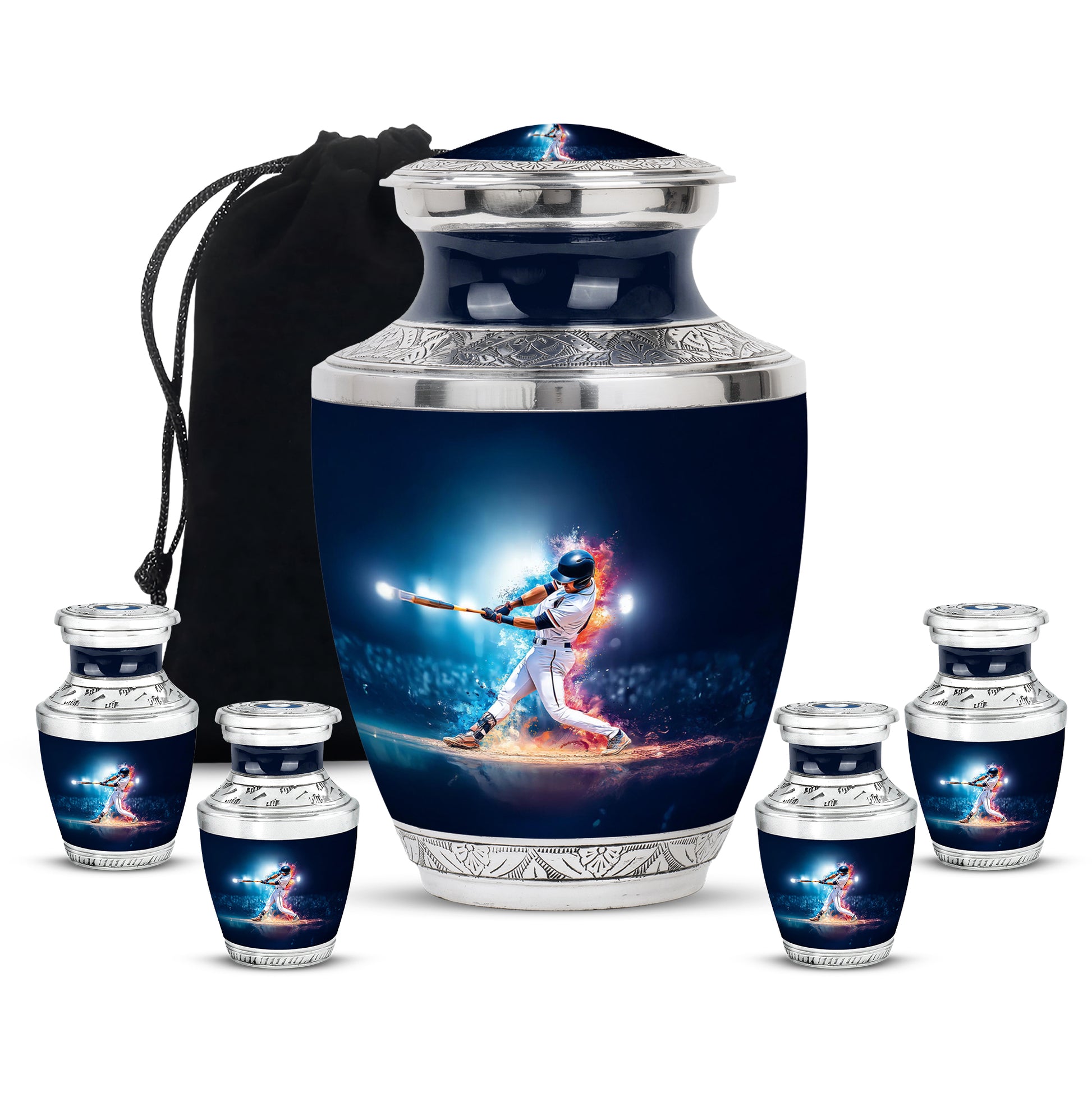 Royal Blue Baseball Cremation Urn lifestyle display on memorial shelf - artistic baseball interpretation with creative detail - memorial set with one large and four small urns