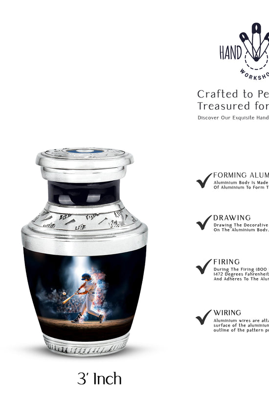Deep Black Baseball Cremation Urn top-down view of secure threaded lid - modern art-inspired baseball motif on sleek aluminum - mini keepsake memorial for portion of cremation ashes